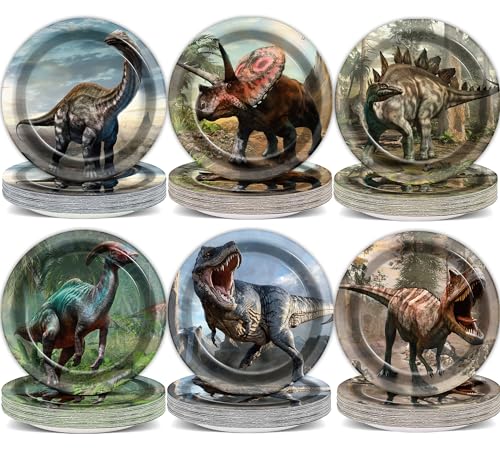 Naozinebi 72-Pack Dinosaur Paper Plates - 7 Inch Disposable Dino Party Supplies with 6 Tropical Jungle Designs