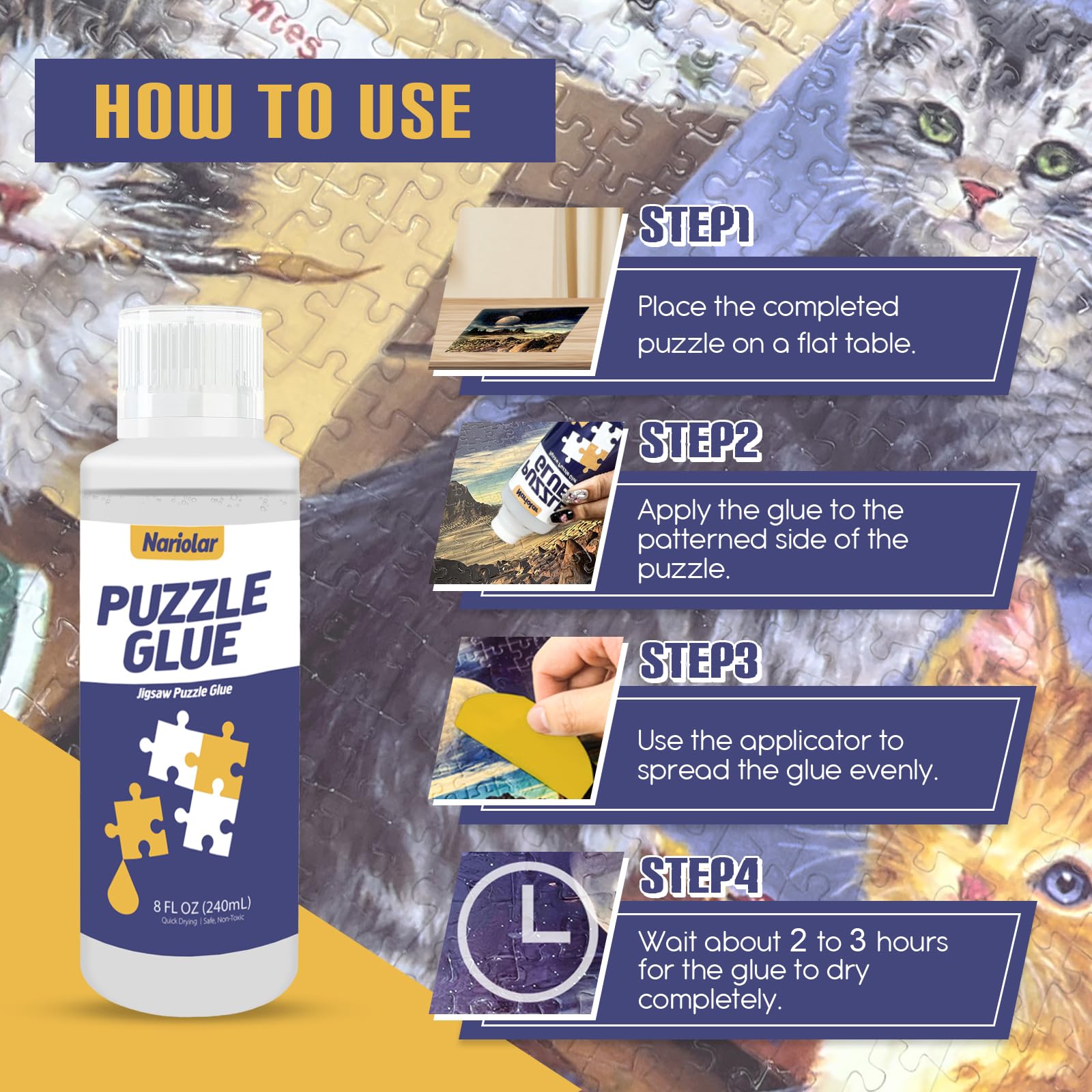 Nariolar Puzzle Glue 8 oz (240ml) Clear with Applicator – Fast Drying for 3000-6000 Piece Jigsaws