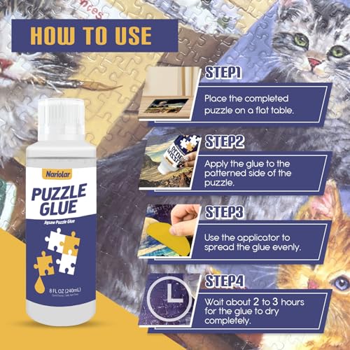 Nariolar Puzzle Glue 8 oz (240ml) Clear with Applicator – Fast Drying for 3000-6000 Piece Jigsaws