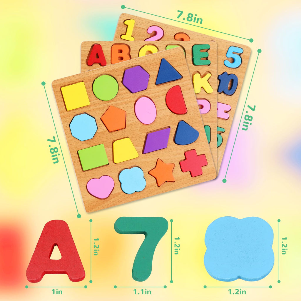 NASHRIO Wooden Alphabet, Number, and Shape Puzzle Set for Toddlers Ages 3-5