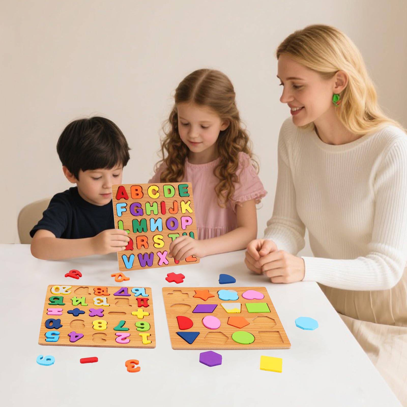 NASHRIO Wooden Alphabet, Number, and Shape Puzzle Set for Toddlers Ages 3-5