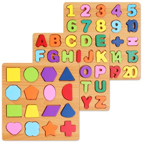 NASHRIO Wooden Alphabet, Number, and Shape Puzzle Set for Toddlers Ages 3-5
