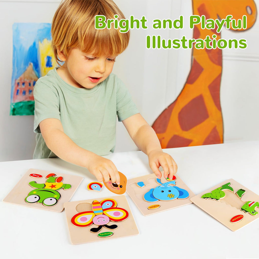 NASHRIO Wooden Animal Puzzles for Toddlers 1-3 – Set of 8 Safe, Montessori-Friendly Jigsaw Puzzles