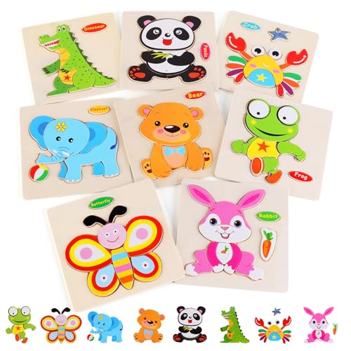 NASHRIO Wooden Animal Puzzles for Toddlers 1-3 – Set of 8 Safe, Montessori-Friendly Jigsaw Puzzles