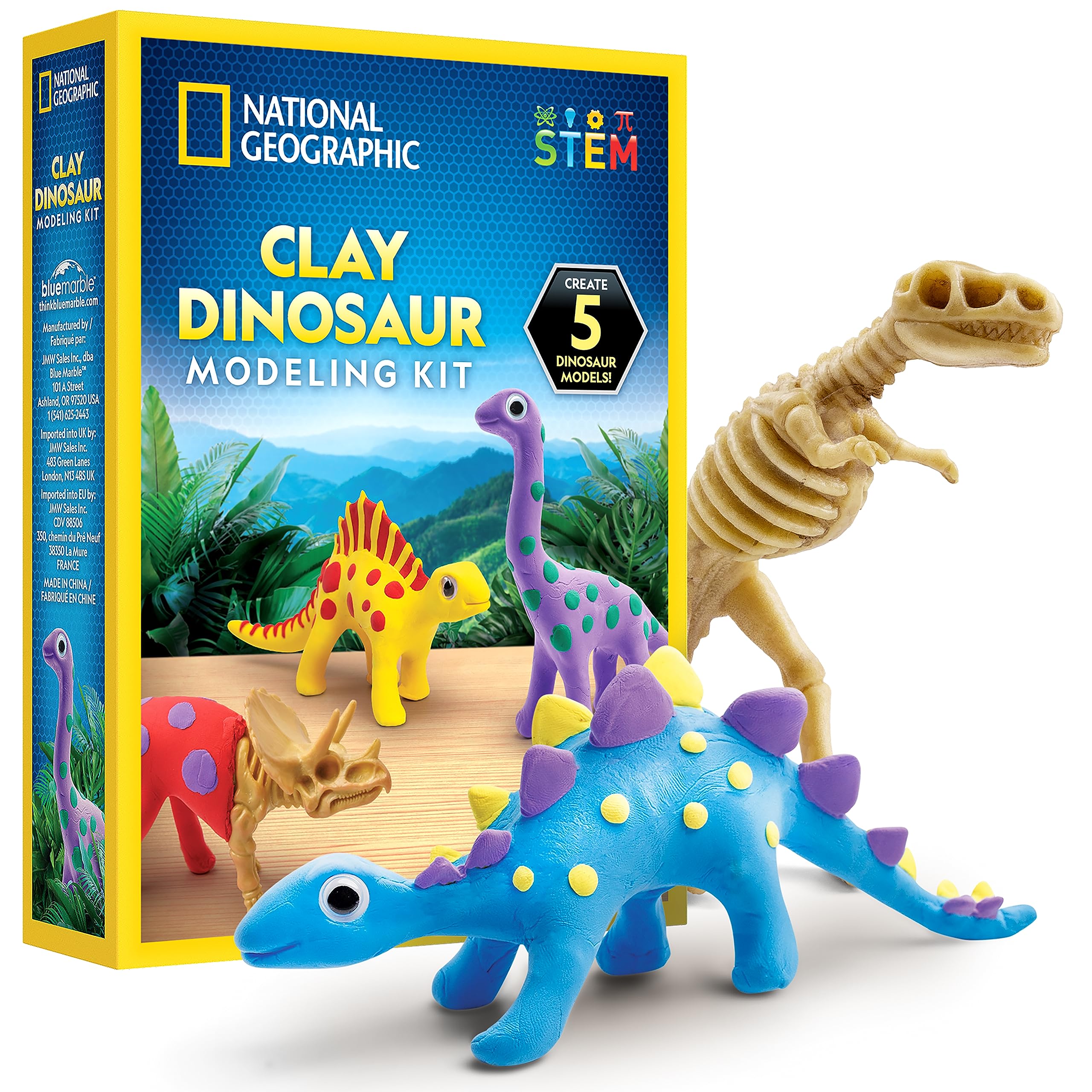 National Geographic Air Dry Clay Dinosaur Craft Kit – 5 Dino Skeletons, 5 Colors, Googly Eyes for Kids Ages 4+