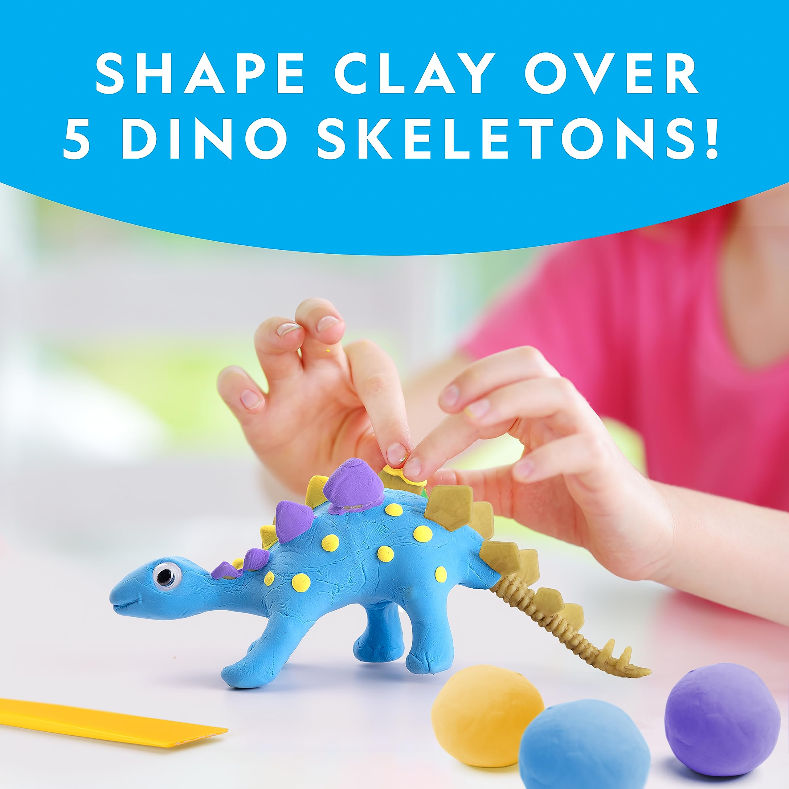 National Geographic Air Dry Clay Dinosaur Craft Kit – 5 Dino Skeletons, 5 Colors, Googly Eyes for Kids Ages 4+