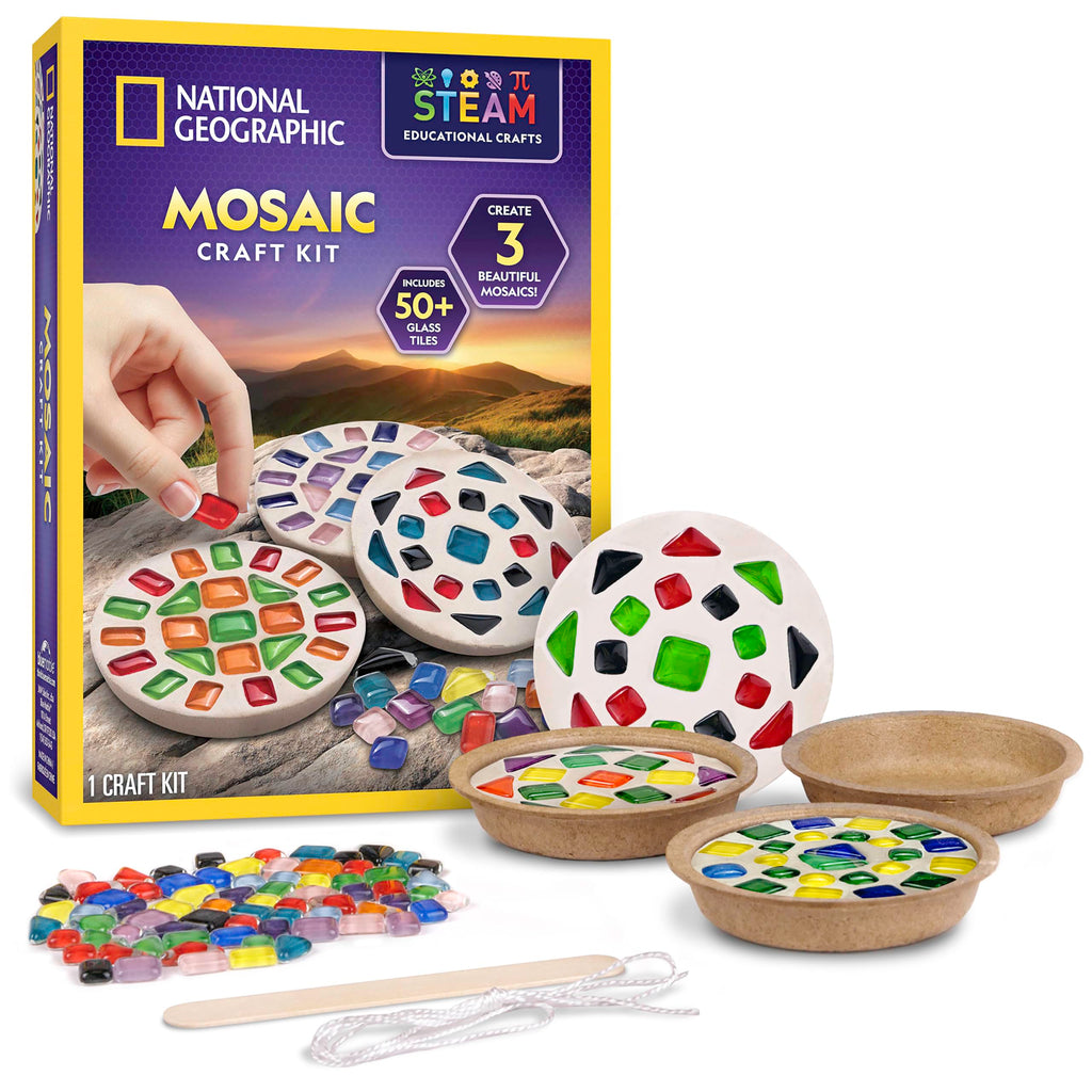National Geographic Mosaic Kit – Create 3 Glass Tile Art Projects with Templates, Plaster & Hanging Cords for Ages 8+
