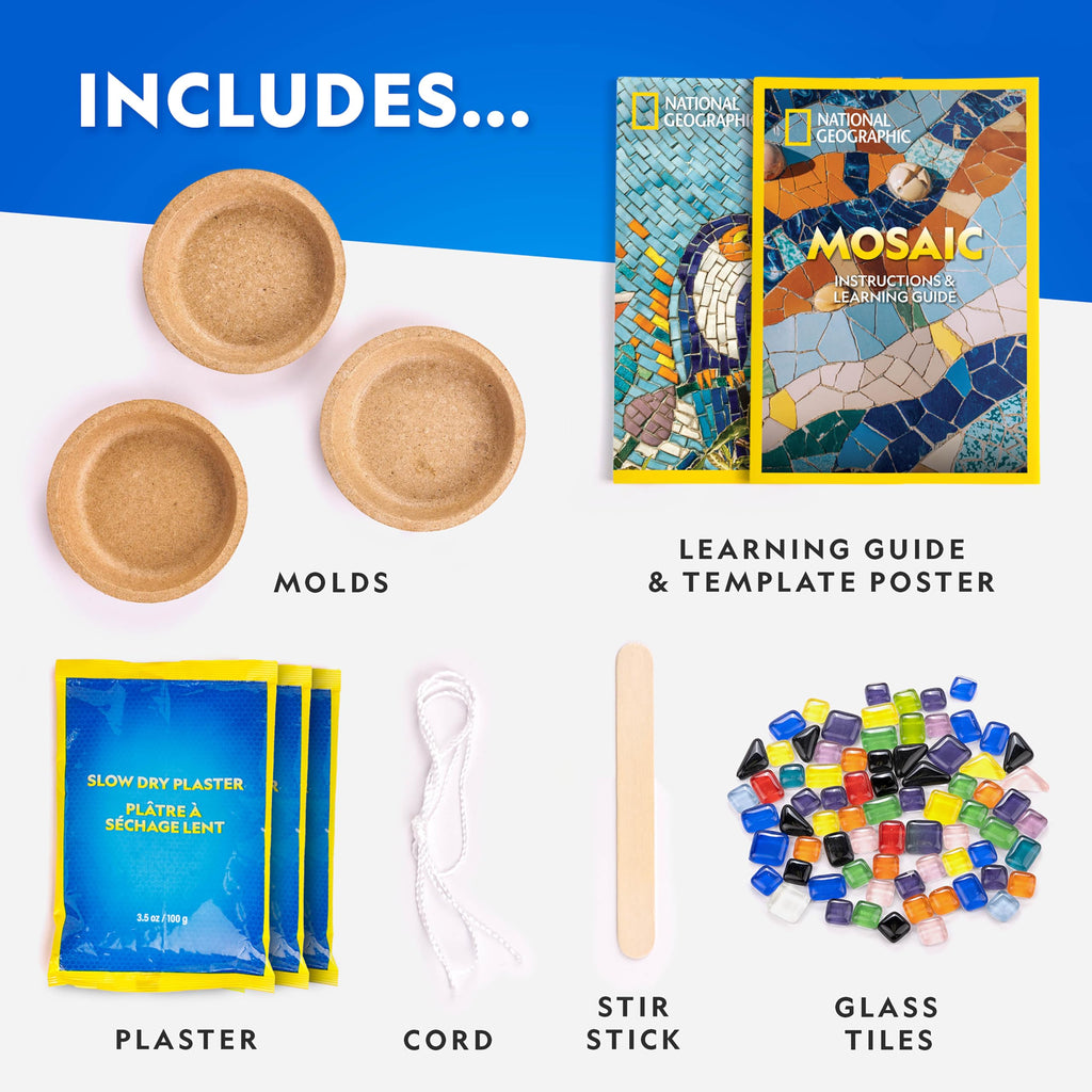 National Geographic Mosaic Kit – Create 3 Glass Tile Art Projects with Templates, Plaster & Hanging Cords for Ages 8+