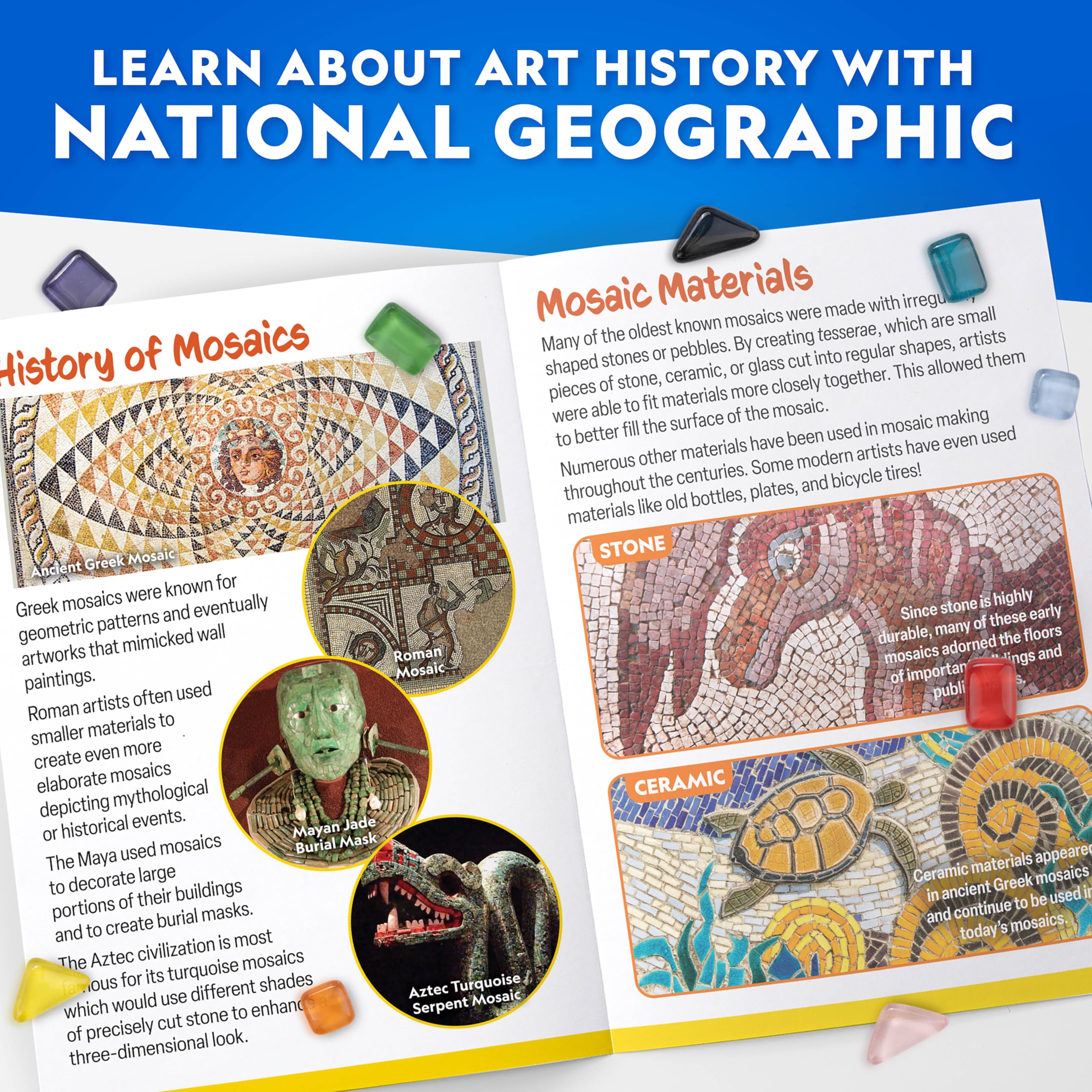 National Geographic Mosaic Kit – Create 3 Glass Tile Art Projects with Templates, Plaster & Hanging Cords for Ages 8+