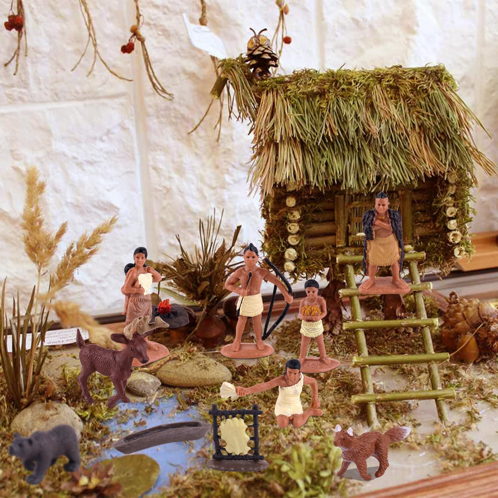 Native American Figurines Set - 12 Hand-Painted Miniature Indian Figures for Kids, Education & Decoration