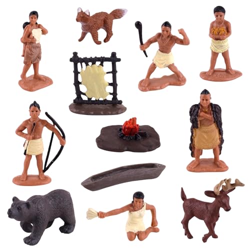 Native American Figurines Set - 12 Hand-Painted Miniature Indian Figures for Kids, Education & Decoration