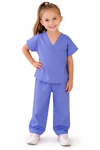 Natural Uniforms Kids Scrub Set - Soft Touch Unisex Costume Top & Pants (Ceil Blue, Size 7)