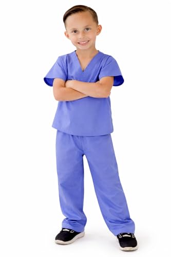 Natural Uniforms Kids Scrub Set - Soft Touch Unisex Costume Top & Pants (Ceil Blue, Size 7)