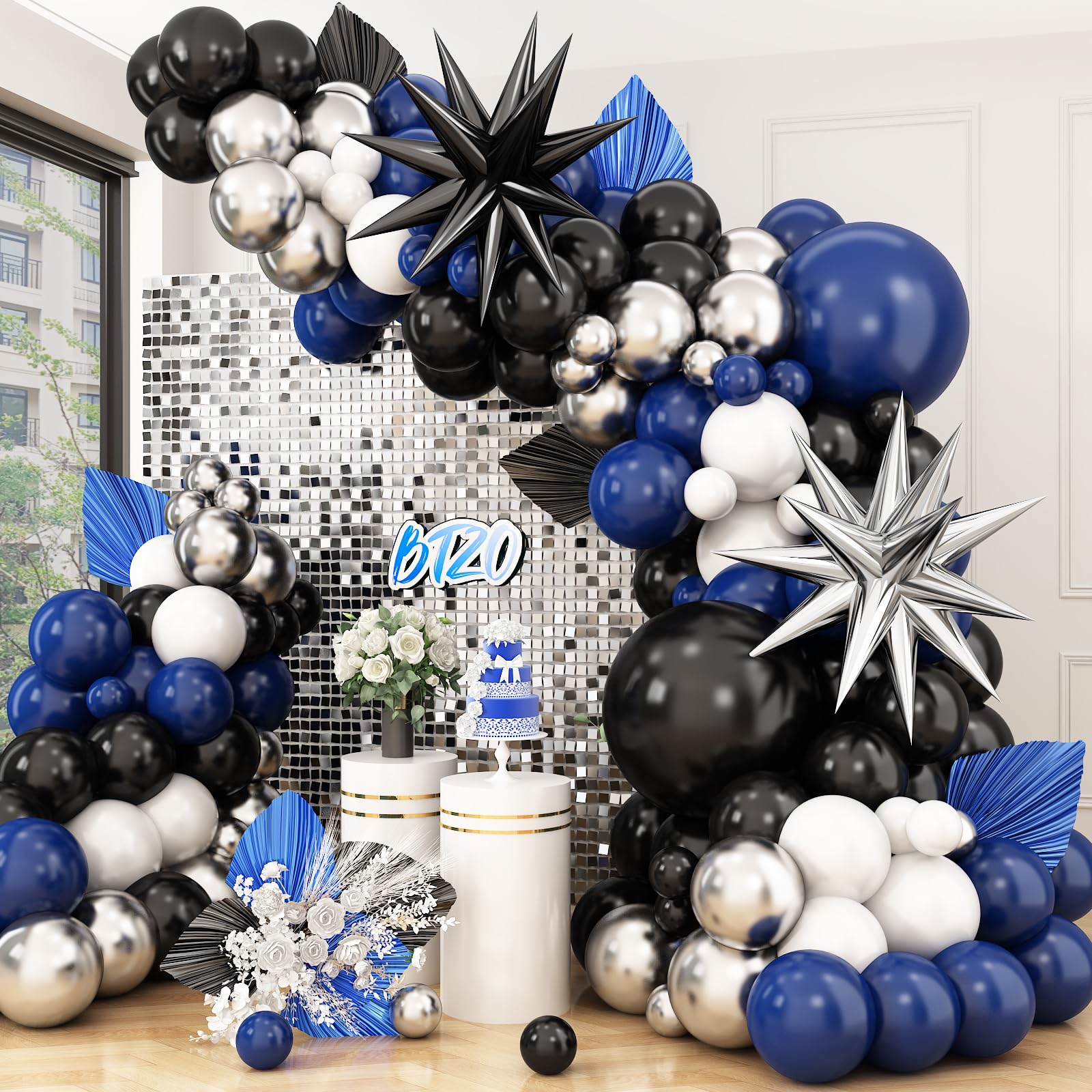 Navy Blue and Black Balloon Arch Kit with Star Foil Balloons for Party Decorations