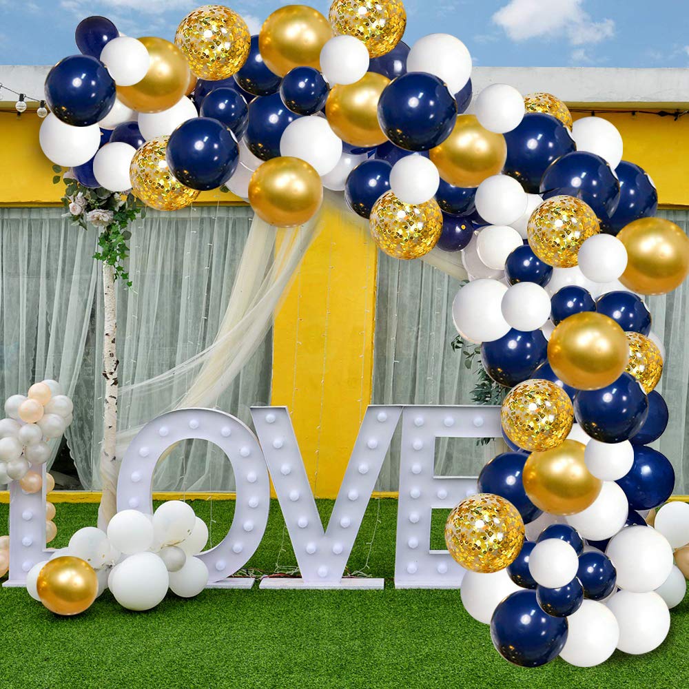 Navy Blue Gold Balloon Garland Kit – 120 pcs Navy and White Confetti Balloons for Graduation, Birthday, Baby Shower DIY Arch