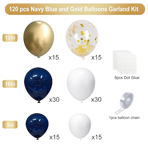 Navy Blue Gold Balloon Garland Kit – 120 pcs Navy and White Confetti Balloons for Graduation, Birthday, Baby Shower DIY Arch