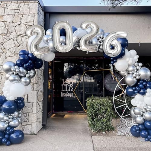 Navy Blue & Silver Graduation Balloon Arch Kit for Class of 2026 – 125-Piece Set with Foil Balloon & Banner