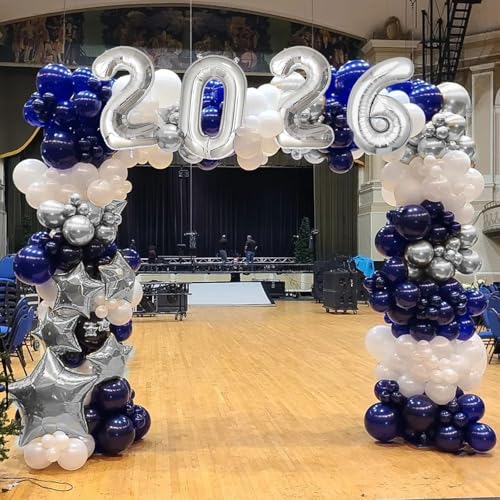 Navy Blue & Silver Graduation Balloon Arch Kit for Class of 2026 – 125-Piece Set with Foil Balloon & Banner