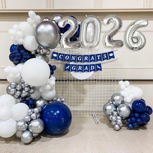 Navy Blue & Silver Graduation Balloon Arch Kit for Class of 2026 – 125-Piece Set with Foil Balloon & Banner