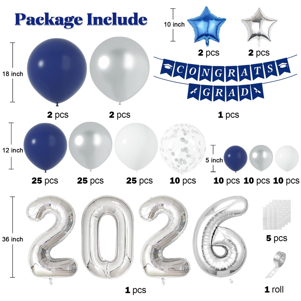 Navy Blue & Silver Graduation Balloon Arch Kit for Class of 2026 – 125-Piece Set with Foil Balloon & Banner