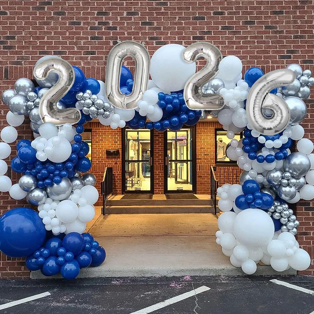 Navy Blue & Silver Graduation Balloon Arch Kit for Class of 2026 – 125-Piece Set with Foil Balloon & Banner