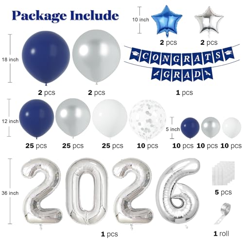 Navy Blue & Silver Graduation Balloon Arch Kit for Class of 2026 – 125-Piece Set with Foil Balloon & Banner
