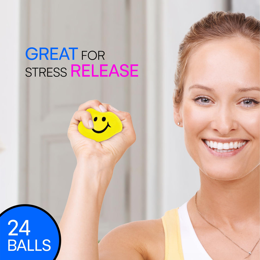Neliblu 24 Pack Neon Yellow Smiley Face Stress Balls - 2" Squishy Balls for Kids and Adults - Bulk Fidget Toys for Party Favors