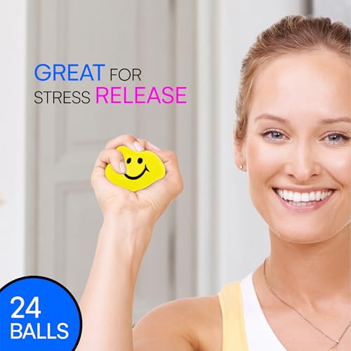 Neliblu 24 Pack Neon Yellow Smiley Face Stress Balls - 2" Squishy Balls for Kids and Adults - Bulk Fidget Toys for Party Favors