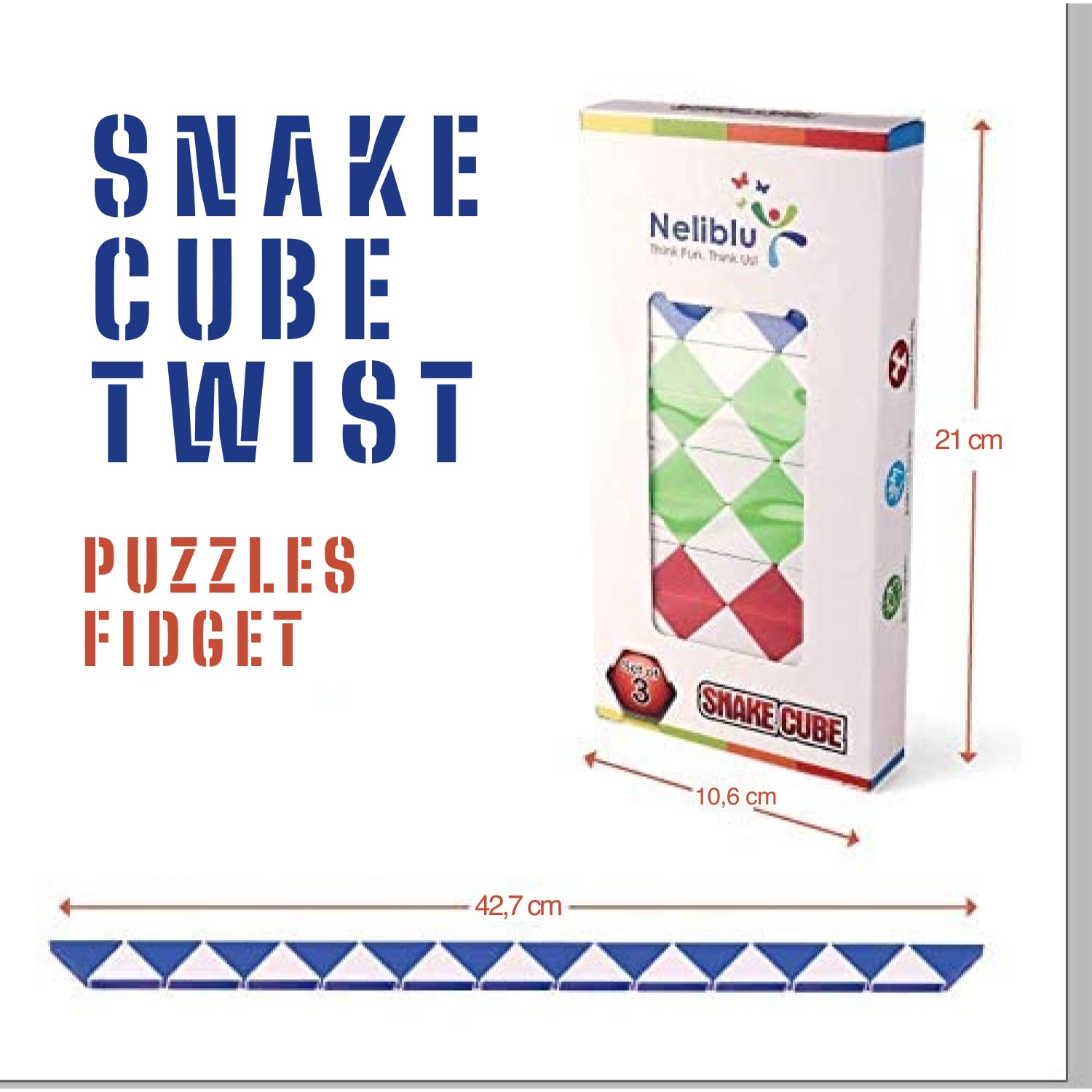 Neliblu Sensory Fidget Snake Cube Twist Puzzles - Pack of 3 Assorted Colors - Stocking Stuffers