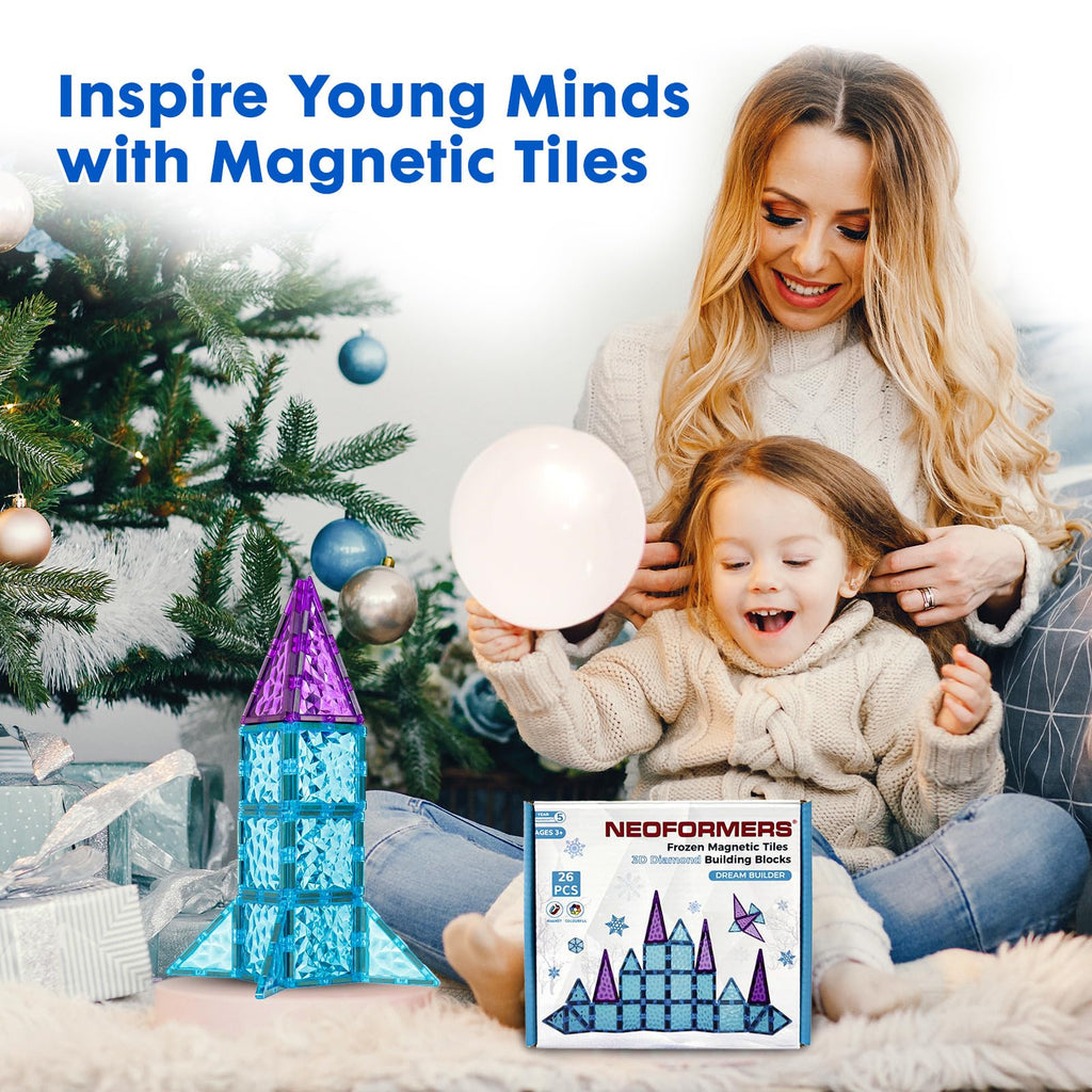 NEOFORMERS 26-Piece Magnetic Tiles Frozen Castle Set: 3D Diamond Building Blocks for Kids Ages 3-8, STEM Sensory Toy