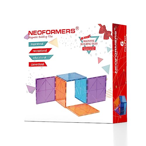 NEOFORMERS Large Magnetic Tiles Set - 6 Piece Square STEM Building Blocks for Kids
