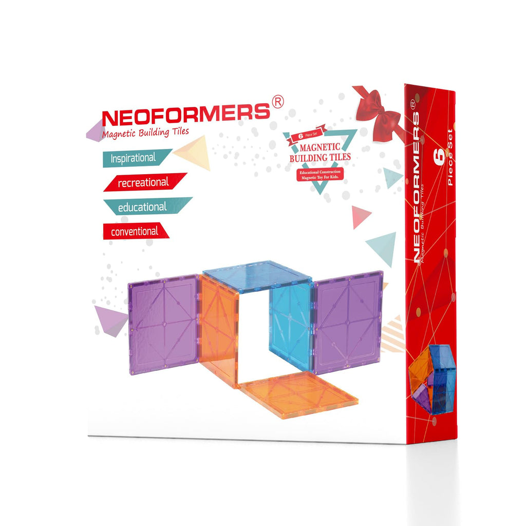 NEOFORMERS Large Magnetic Tiles Set - 6 Piece Square STEM Building Blocks for Kids