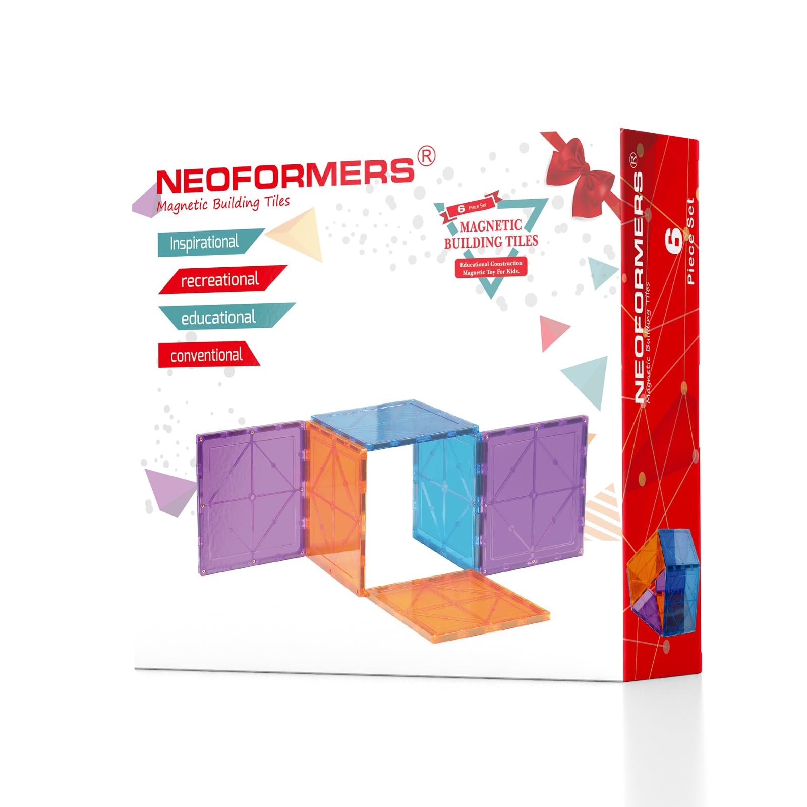NEOFORMERS Large Magnetic Tiles Set - 6 Piece Square STEM Building Blocks for Kids