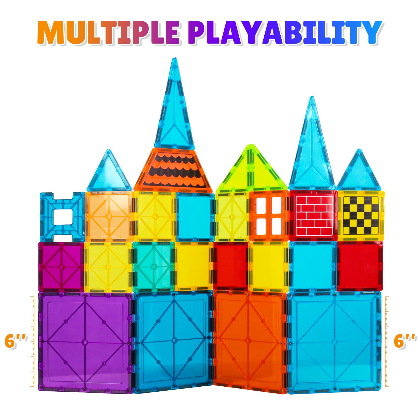 NEOFORMERS Large Magnetic Tiles Set - 6 Piece Square STEM Building Blocks for Kids