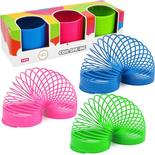 Neon Plastic Coil Spring Toys (3-Pack) – 3-Inch Multicolor Wind-Up Party Favors for Kids by The Dreidel Company
