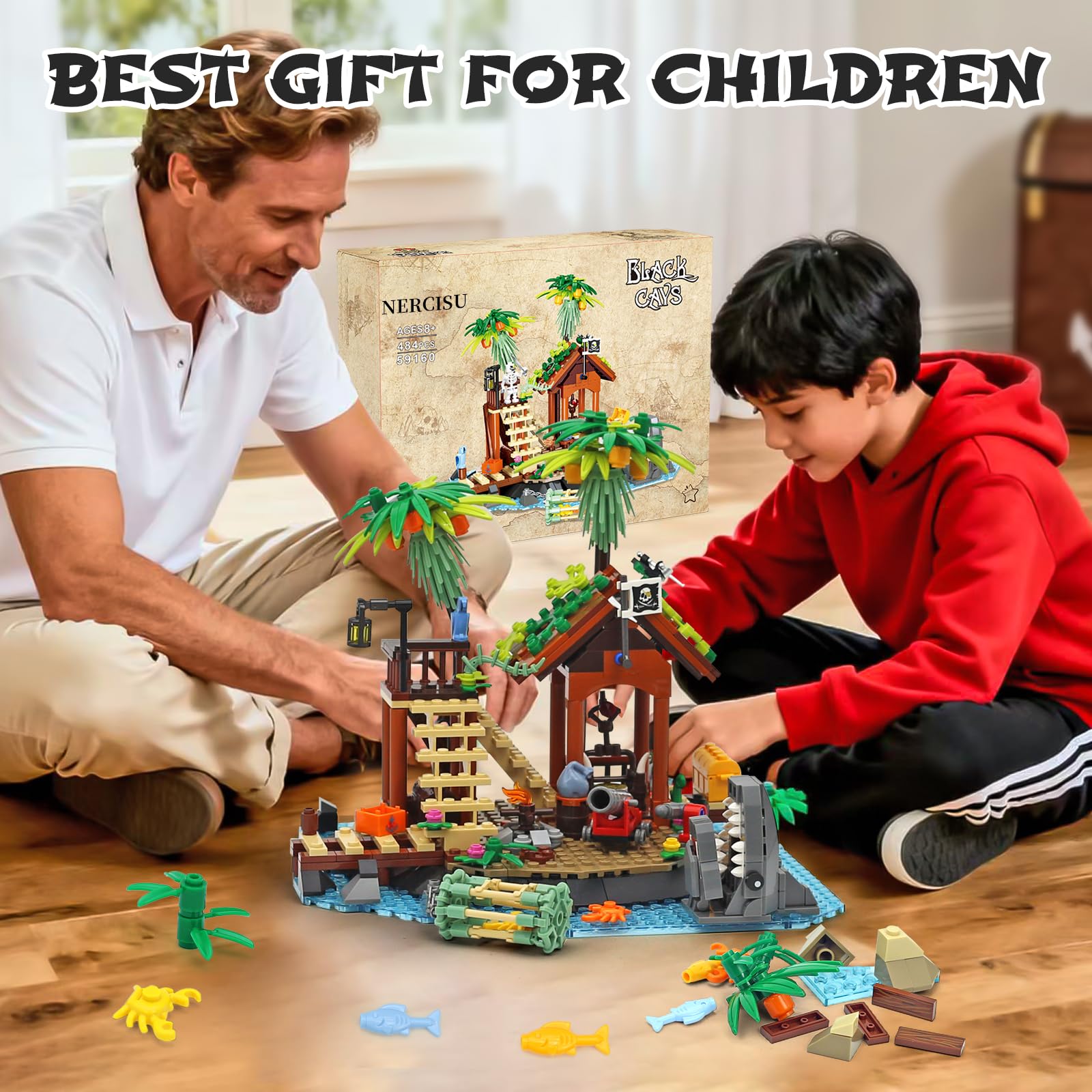 NERCISU Pirate Black Cays Building Toy Set – 484-Piece Pirate Adventure with Skeleton, Cannon, Shark & Treasure for Kids 8+