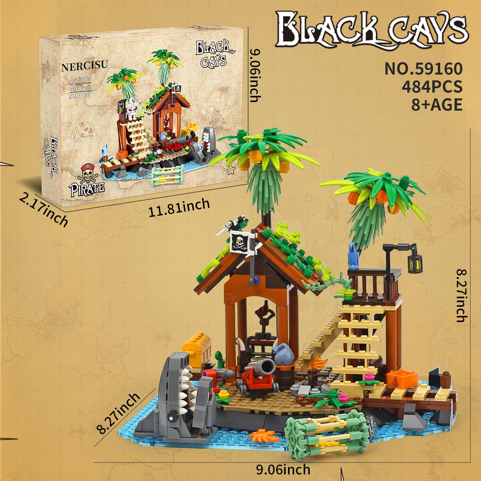 NERCISU Pirate Black Cays Building Toy Set – 484-Piece Pirate Adventure with Skeleton, Cannon, Shark & Treasure for Kids 8+