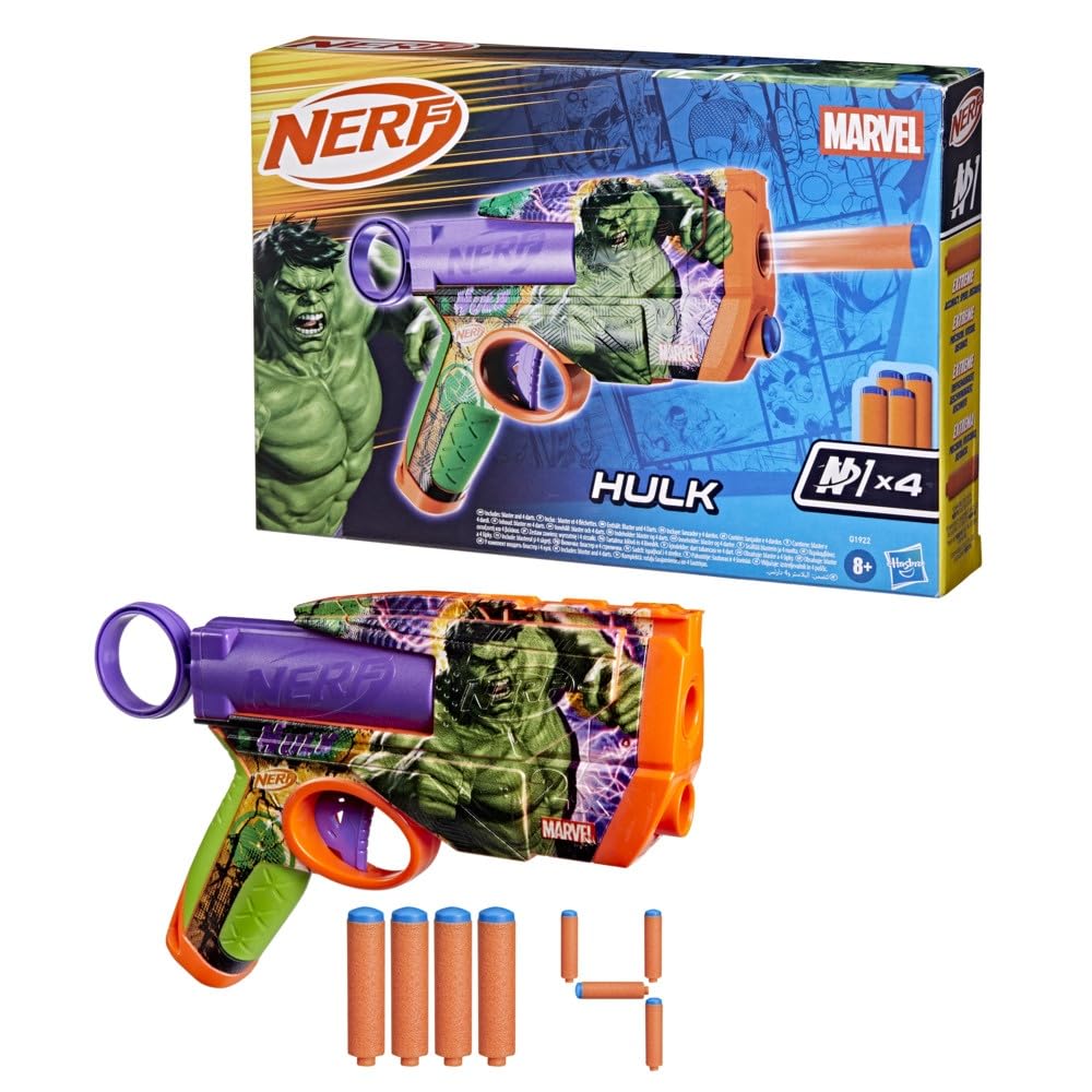 Nerf Marvel Hulk Dart Blaster – Hulk-Themed Foam Blaster with 4 Nerf N1 Darts, 2-Dart Capacity, Ages 8+