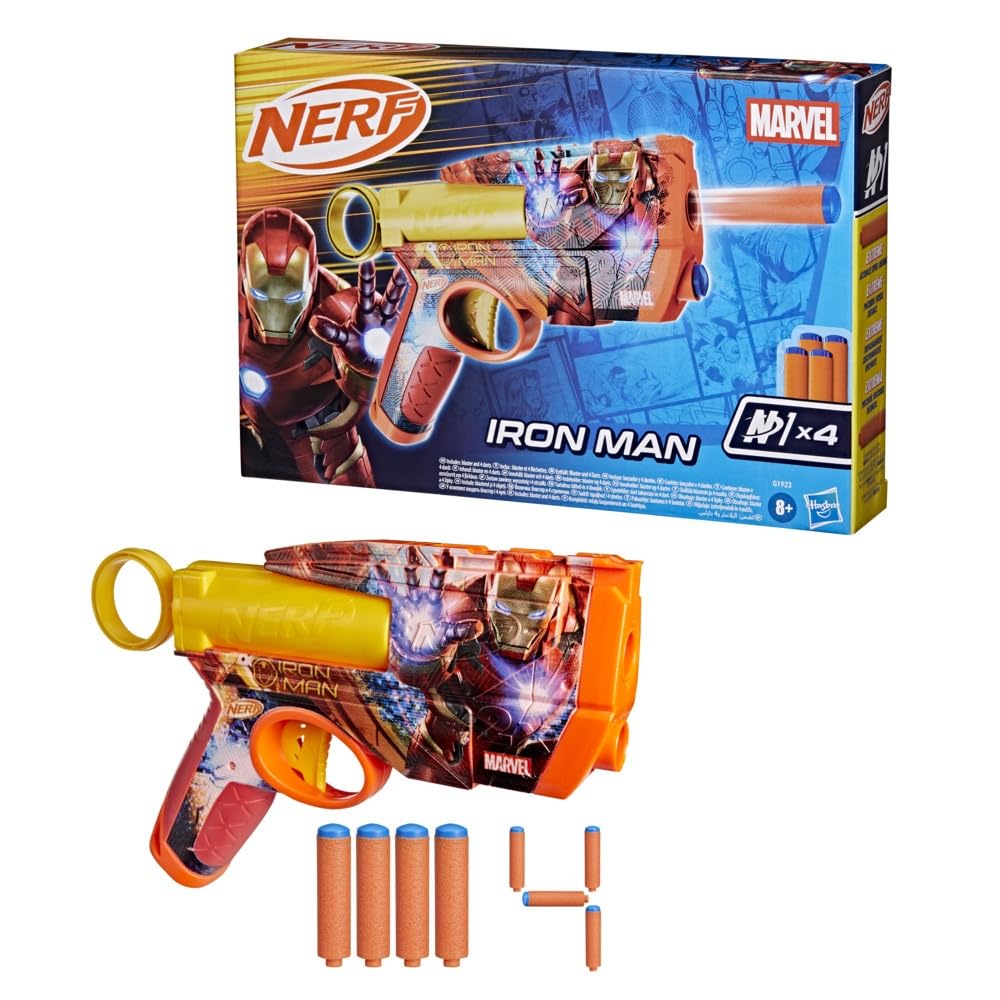 Nerf Marvel Iron Man Dart Blaster – 4 N1 Foam Darts, 2-Dart Capacity, Pull-Back Priming, Ages 8+