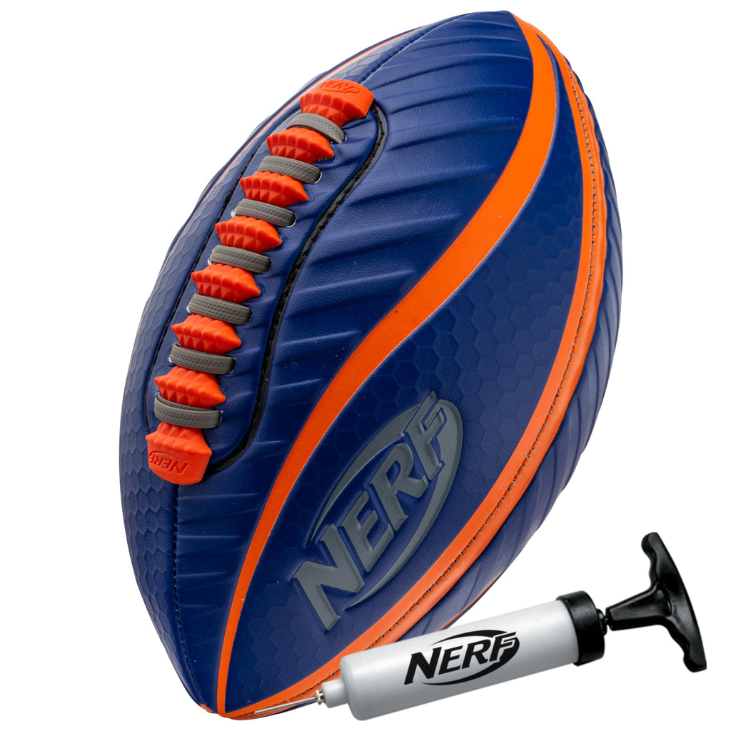 Nerf Spiral Grip Football – Patented Spacelace, Machine Stitched, Pump Included – Blue/Orange