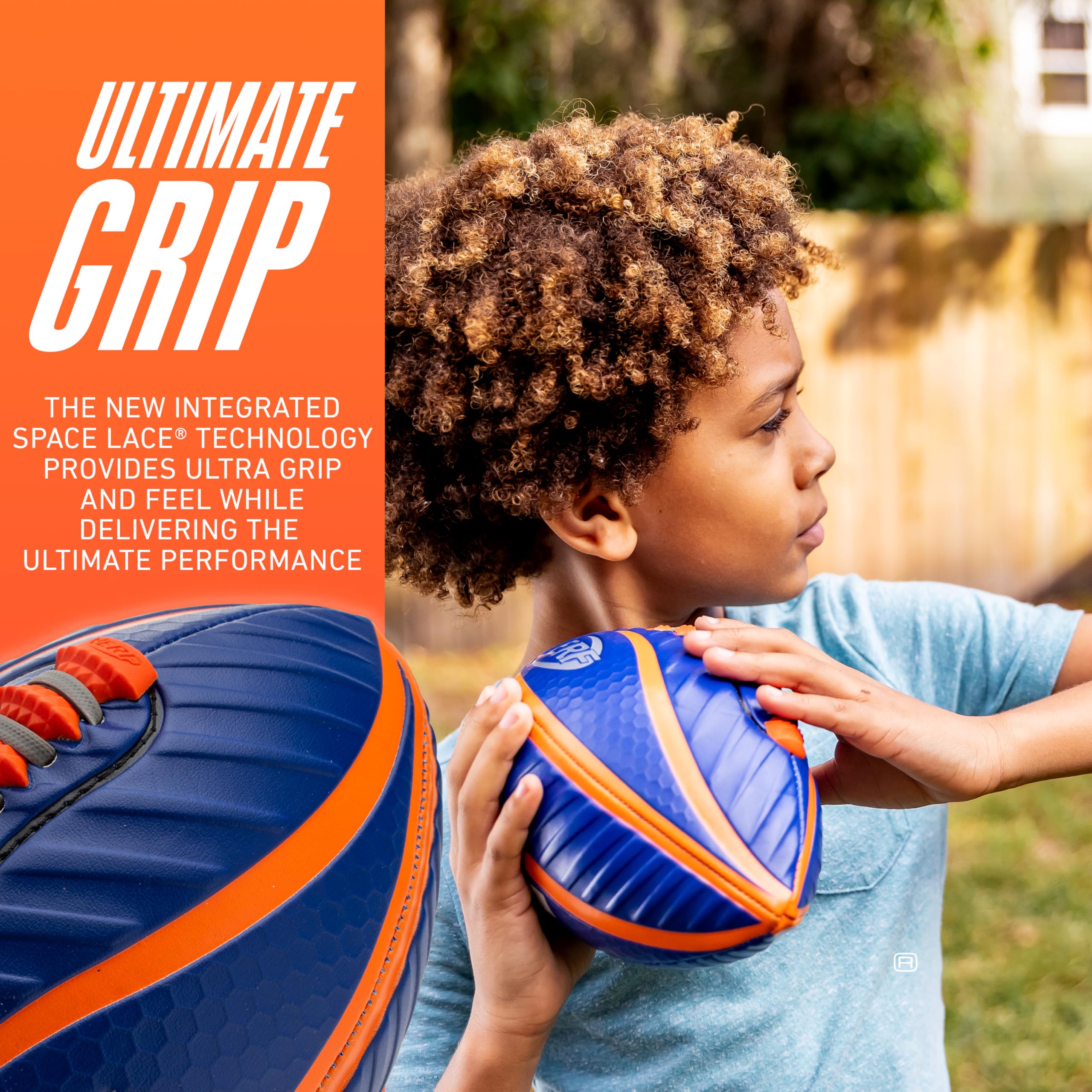 Nerf Spiral Grip Football – Patented Spacelace, Machine Stitched, Pump Included – Blue/Orange