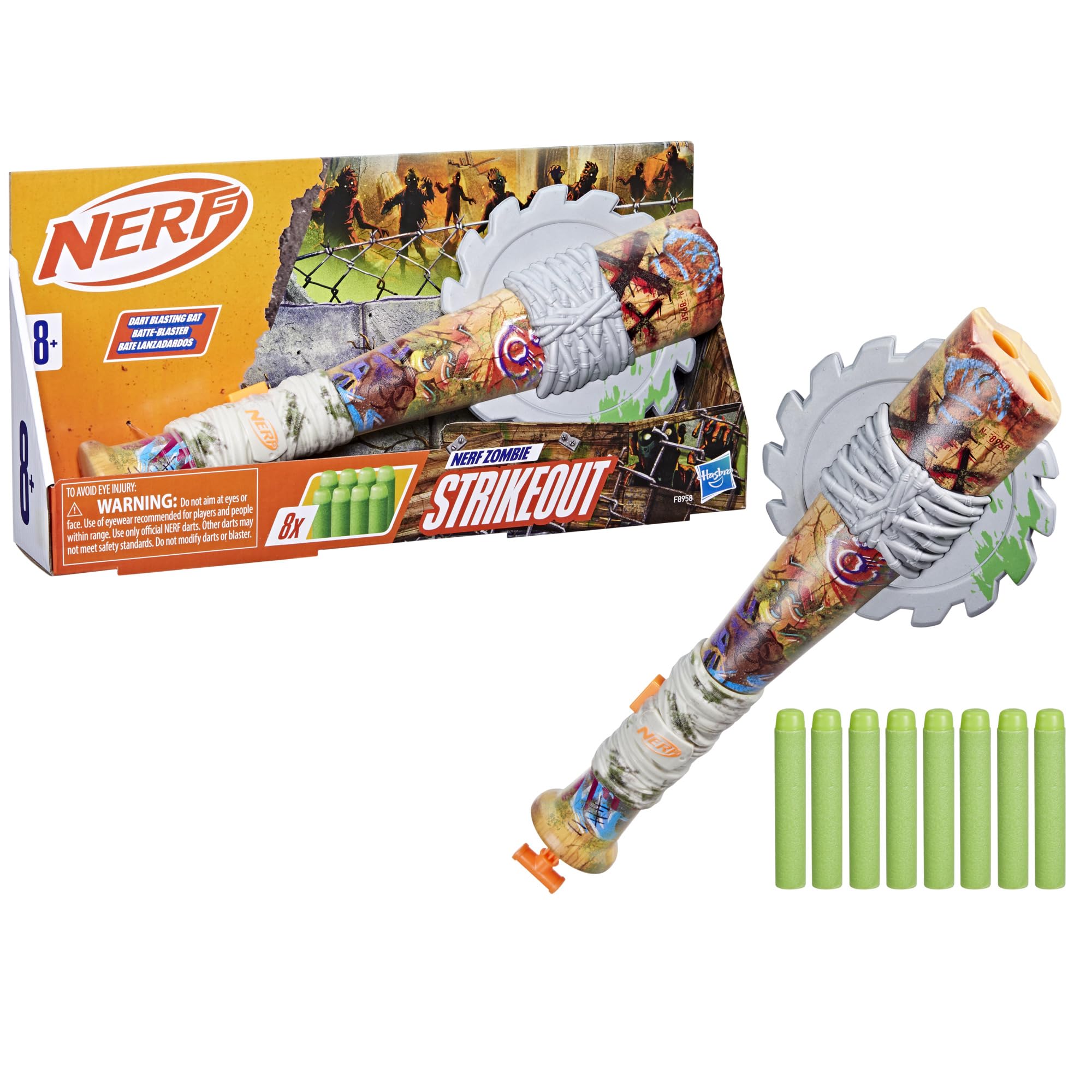 Nerf Zombie Strikeout Dart Blaster – 2-Dart Bat with 8 Elite Darts, Pull Back Priming, Ages 8+ (Amazon Exclusive)