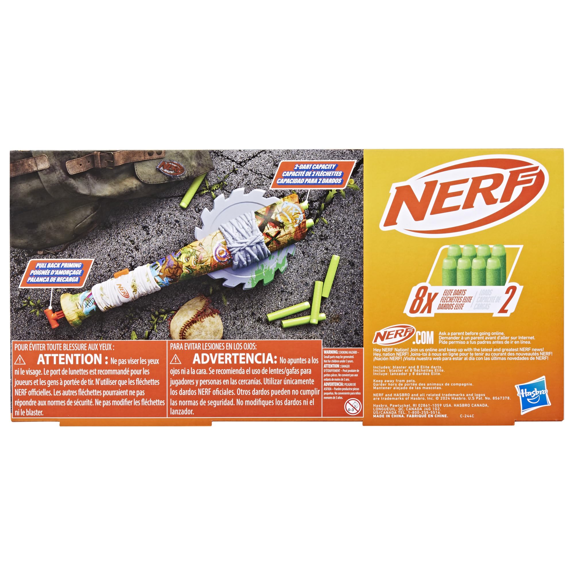 Nerf Zombie Strikeout Dart Blaster – 2-Dart Bat with 8 Elite Darts, Pull Back Priming, Ages 8+ (Amazon Exclusive)