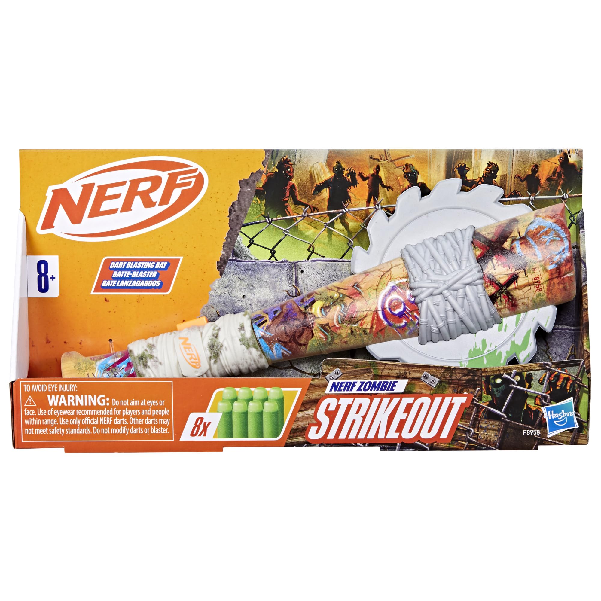 Nerf Zombie Strikeout Dart Blaster – 2-Dart Bat with 8 Elite Darts, Pull Back Priming, Ages 8+ (Amazon Exclusive)