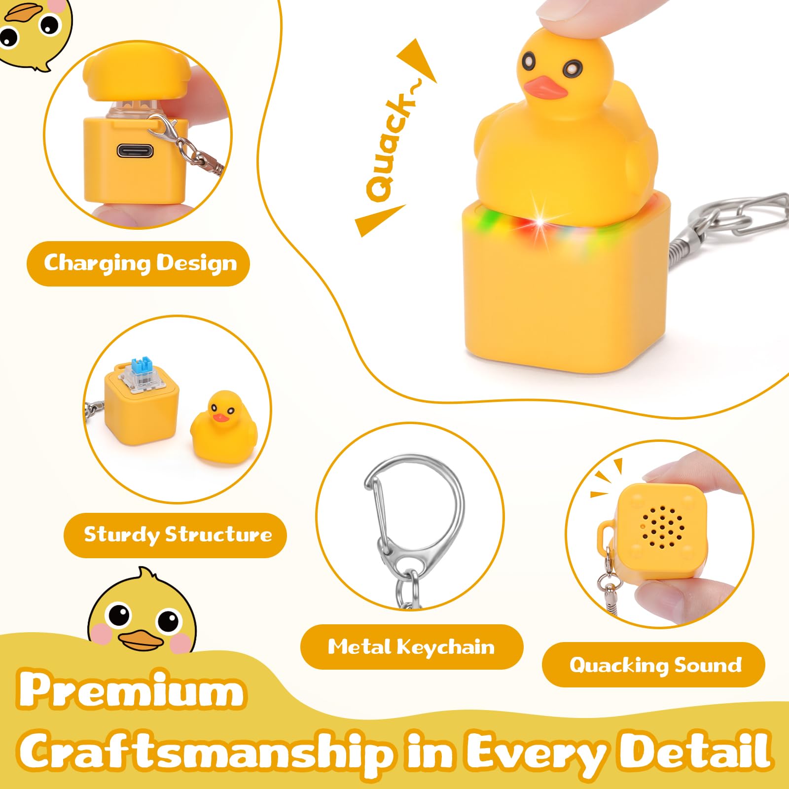 Netholid Duck Keyboard Fidget Clicker Keychain – Quacking Sound, LED Light, Rechargeable