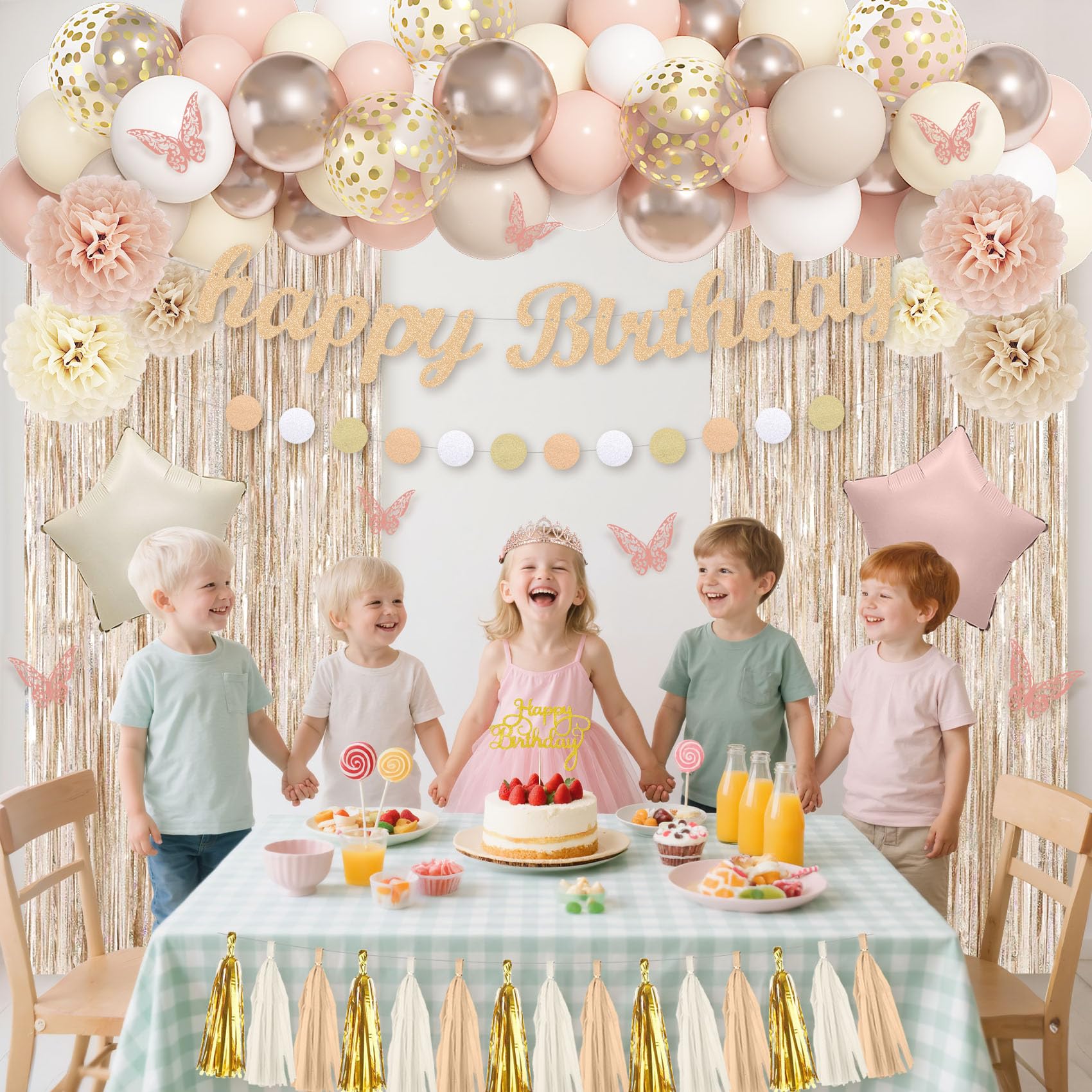 Neutral Boho Birthday Decorations Set for Women – 100 Piece Party Supplies with Balloons, Fringe Curtains & More