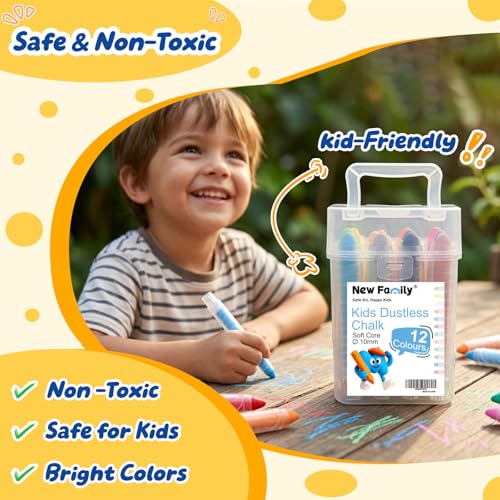 NewFamily Dustless Sidewalk Chalk Bucket – 12 Washable Non-Toxic Chalks with Grip Holders & Portable Storage Pail for Kids Outdoor Drawing and Art