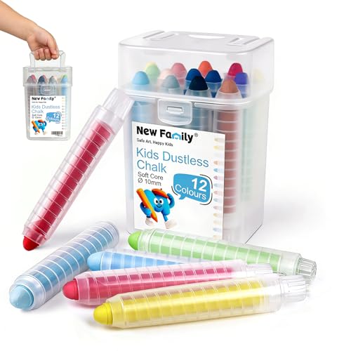 NewFamily Dustless Sidewalk Chalk Bucket – 12 Washable Non-Toxic Chalks with Grip Holders & Portable Storage Pail for Kids Outdoor Drawing and Art