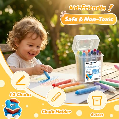 NewFamily Dustless Sidewalk Chalk Bucket – 12 Washable Non-Toxic Chalks with Grip Holders & Portable Storage Pail for Kids Outdoor Drawing and Art