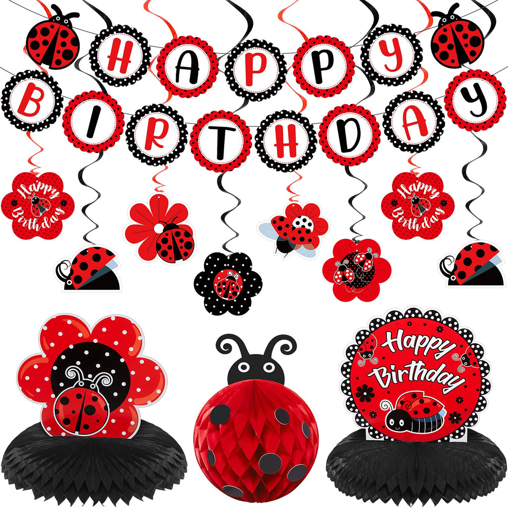 Nezyo 28-Piece Ladybug Birthday Party Decoration Kit – Includes Banner, Honeycomb Centerpieces, Swirls, and Hanging Cards